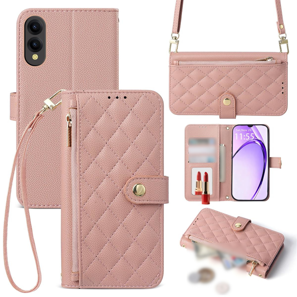 Jajaful 適用 Arrows we2 ケース 手帳型 アローズwe2ケース F-52E/FCG02 スマホケース ショルダー 2way Arrows we2 f-52e カバー キルティング we2 arrows スマホケース テチョウガタ aarrows we2 fcg02 カバー 小銭入れ カード収納 スタンド機能 鏡付き 耐衝撃保護 全面保護