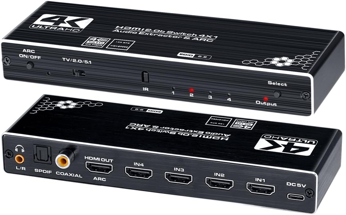 BLUPOW 4K60Hz HDMI2.0 HDCP2.2 HDR対応 HDMI切替器 4入力1出力 + 音声分離(同軸・光デジタル・3.5mmアナログ音声出力) セレクター 分離 音声 オーディオ分離 2160P 3D ARC対応 Fire TV・Apple TV・PS5・Xbox・Blu-ray Playersなど対応 hdmiスイッチャー VA532