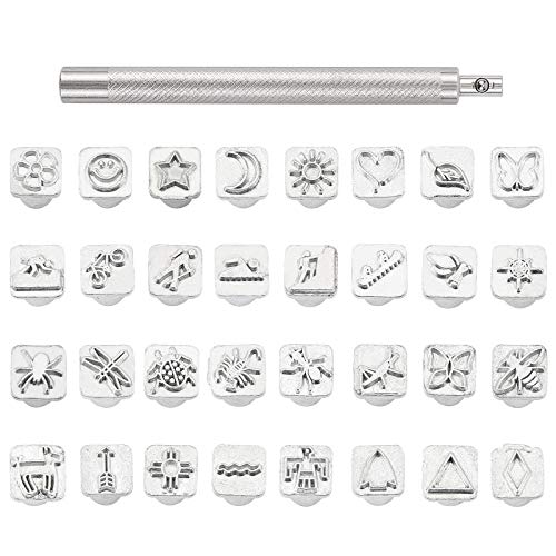 PH PandaHall 32個 レザークラフト 刻印 ステンレス ポンチ 革 打刻印 打ち具 昆虫テーマ 1個のハンドル付き レザークラフトベルトバッグクラフ...