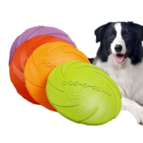商品名：YINKE 犬 おもちゃ フリスビー ペットおもちゃ ソフトフライングディスク歯耐性 ゴム 運動不足解消 知能訓練 小型犬/中型犬/大型犬に適応 4個セット【商品内容】： フリスビー ＊4個、サイズ：直径15cm 色：オレンジ、グリーン、ピンク、パープル。【多機能】： 外で遊んでいるときにいつでも、疲れた犬におやつやお水を補給できる。非常に便利です。軽量、柔らかく、厚い素材は水と混ざらず、良い仕上がりで、より長い耐用年数を実現します。安全性の高いです。【プレミアム素材】：天然な高品質ゴム製の犬用フライングディスクおもちゃは、その犬用フライングディスク玩具は、環境にやさしく安全無毒のゴムから製造し、強い圧力をかけても変形しない、強く噛んでも犬の歯を傷つけにくい。【優れたデザイン】：滑りにくいデザインで、握りやすく、フリスビーの表面は凹凸のデザインで、犬が握りやすく、噛みやすいので、よく落ちる心配がありません。 フローティングデザイン、水を恐れていない、ディスクが誤って水に飛び込んで沈むことを恐れていない、良いフローティングデザイン、より遠くに飛ぶ 良い飛行効果、フラットなデザインは効果的に風の抵抗を減らし、より高く、より遠くに飛ぶことができ、犬はより楽しく遊ぶことができます。犬との情緒や暗黙の了解を培い、相互作用に協力し、成長に伴走する。【犬の訓練】 ： フリスビーを投げたり、捕まえたり、ゲームしたり、犬の運動不足を防止、ストレスを解消します。フリスビーを投げたり、捕まえたり、ゲームを取ったりすると、愛犬との信頼関係を立てます。柔らかい素材は、犬の歯と歯茎にやさしく、歯からほこりや歯垢を取り除き、犬の健康を守ります。楽しく遊んで躾のトレーニングしながら、愛犬と一緒に公園や広場など様々な場所で楽しく遊びましょう！