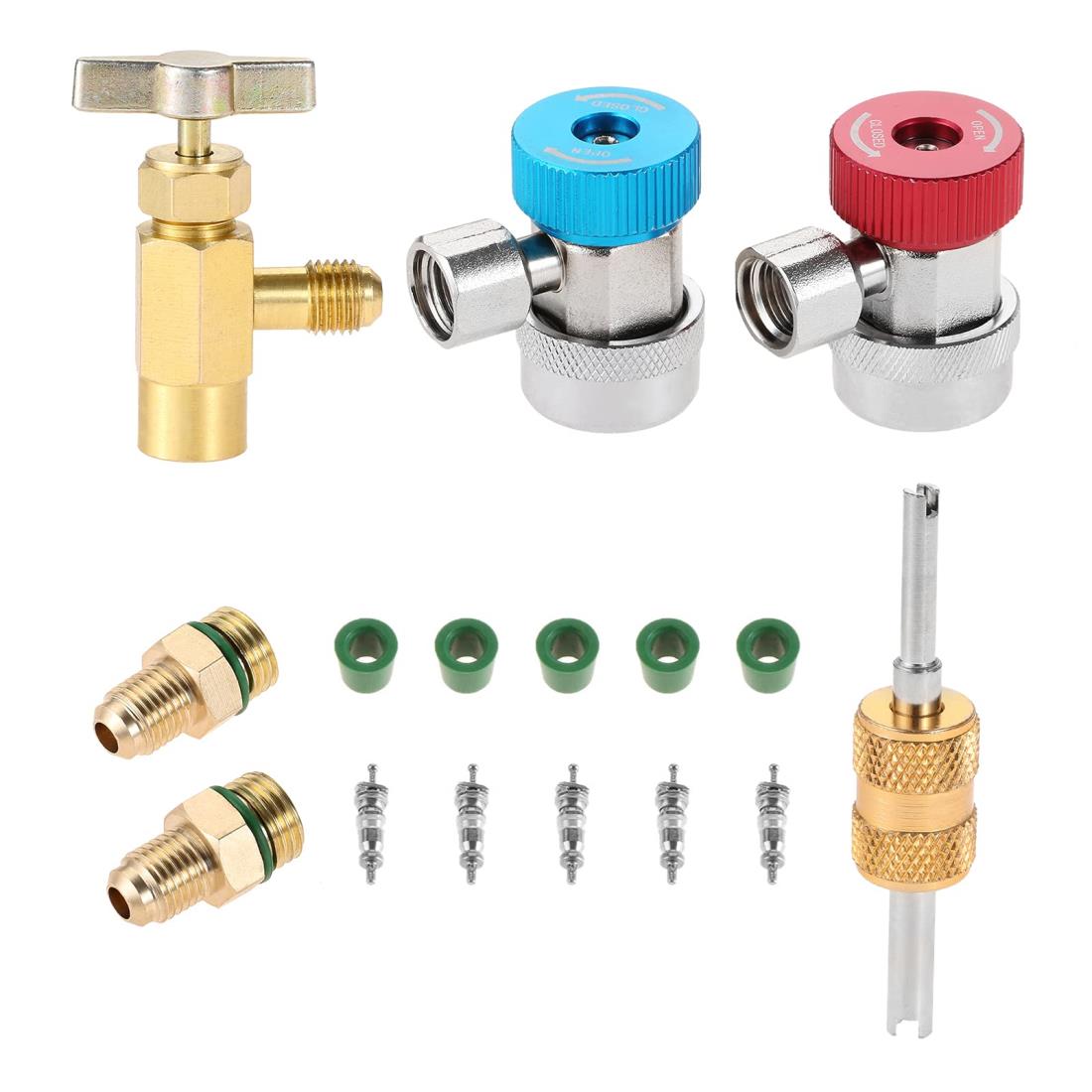 R134A タップバルブ ガスチャージ カーエアコン用 クイックカプラー バルブ付き 調節可能 変換アダプター 高圧 低圧 1/4 SAE 缶タップバルブ(M14・1/4) バルブコア付き バルブコアリムーバー付き ガスケット付き ACツールキット HZ-MONSTAR