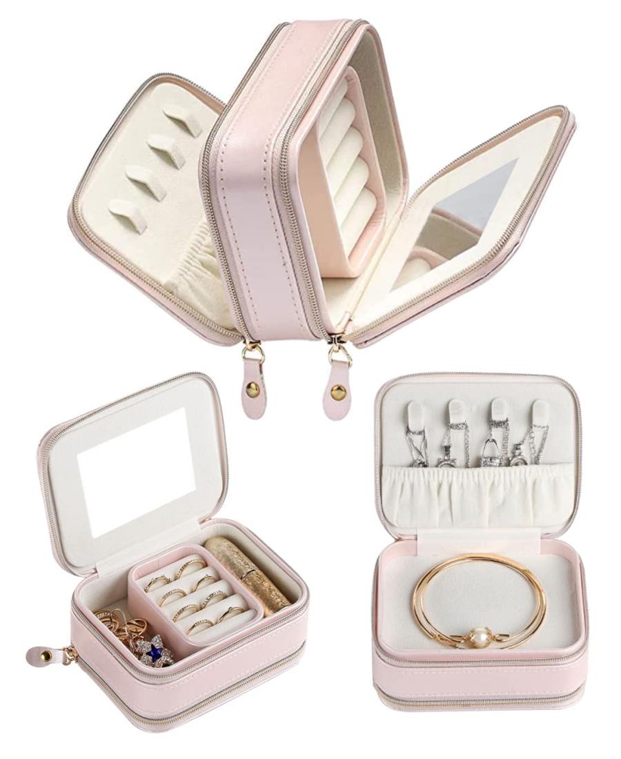 HUACHENG ジュエリーボックス アクセサリーケース 携帯用 ミニ 旅行用 鏡付き ジュエリーケース 持ち運び アクセサリー収納 ピアス 収納 トラベル ネ...