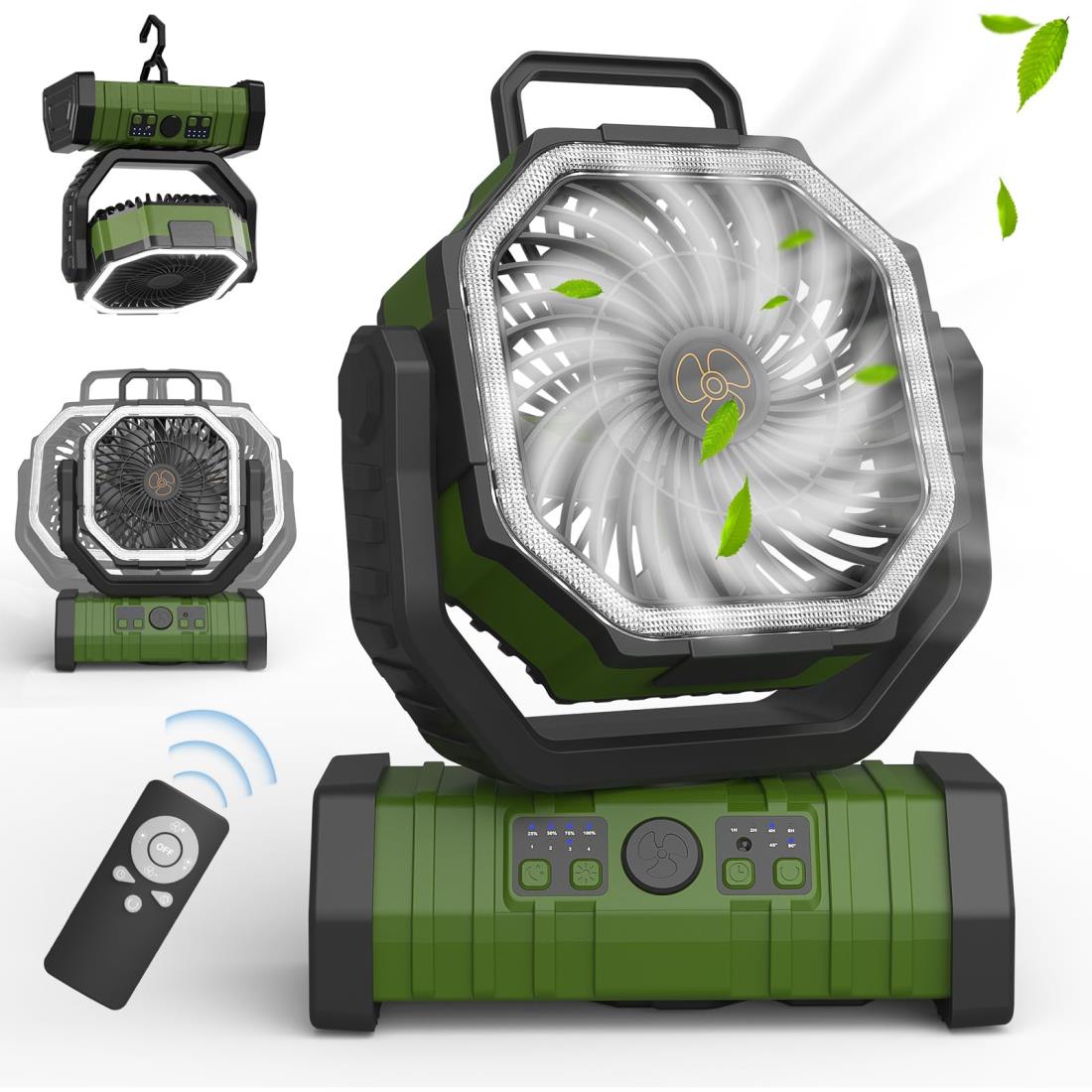 Issufel キャンプ 扇風機 アウトドア 充電式 【20000mAh 怪物ファン】 最大65時間連続使用 風量4段階調節 超強風力 自動首振り リモコン付き タイマー機能 32枚LEDライト DCモーター 低騒音 多機能 吊り下げ サーキュレーター 卓上 扇風機 小型 リビング/室内/車中泊/防災/熱