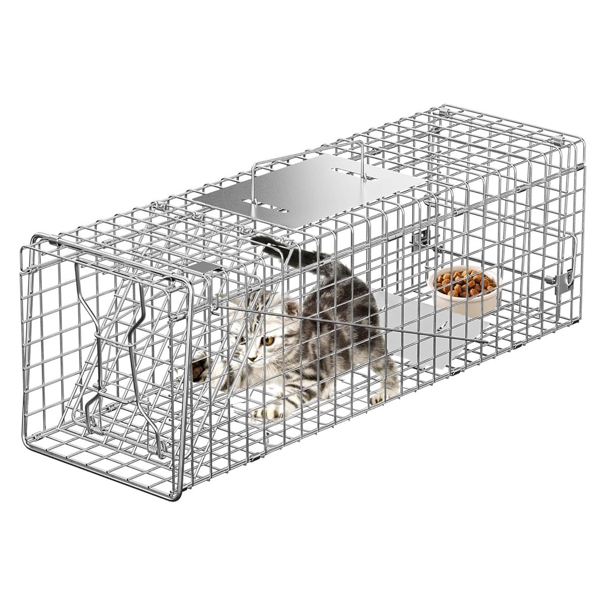 Vevesoas 捕獲器 猫 安全 踏み板式 トラップ 動物用 猫の保護器 野良猫 迷子猫 アライグマ 小動物 ネズミ捕獲器 害獣駆除 農業作物 保護 家庭菜園 簡単組立 設置 畑 庭(66*23*26) シルバー