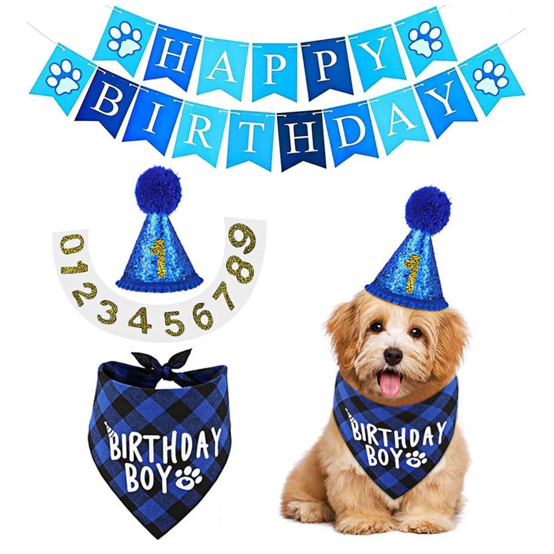 犬 バースデー 誕生日 スタイ ペット 飾り付け 猫 誕生日帽子 バンダナ 風船 バナー ペットグッズ おしゃれ 記念日 メモリアル パーティー飾り (ブルー)