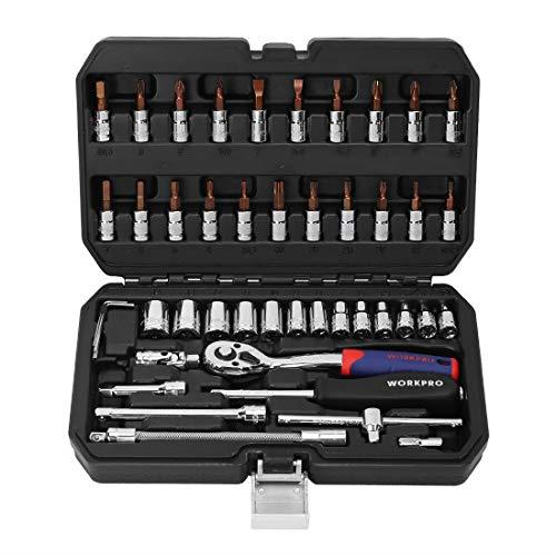 WORKPRO ソケットレンチセット ラチェットレンチ オフセットタイプ 差込角6.35mm（1/4インチ) 46点組 自動車修理 車メンテナンス ガレージツールセット 作業セット 工具 道具 専用収納ケース付属
