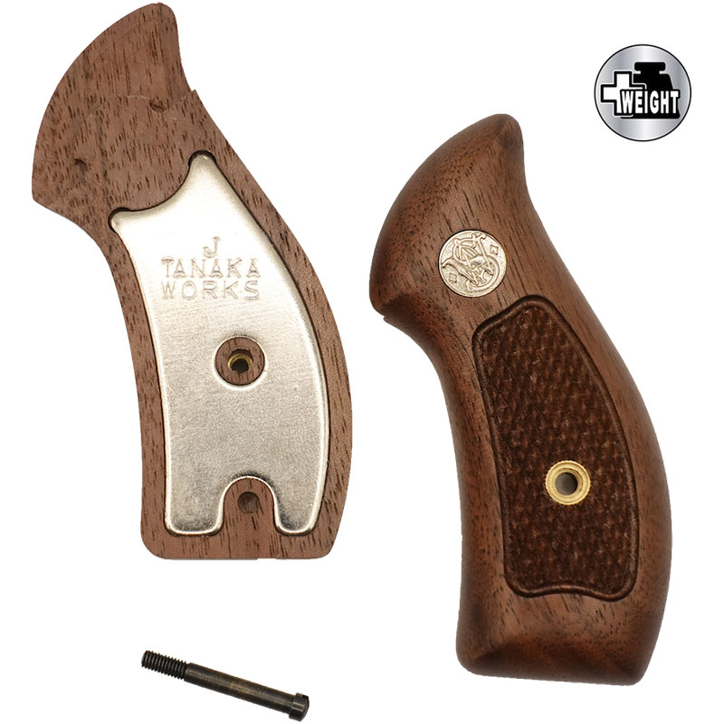 【12月10日再入荷予定】タナカ 木製グリップ プラスウエイト ウォールナットチェッカーグリップ Jフレーム ラウンドバッド用