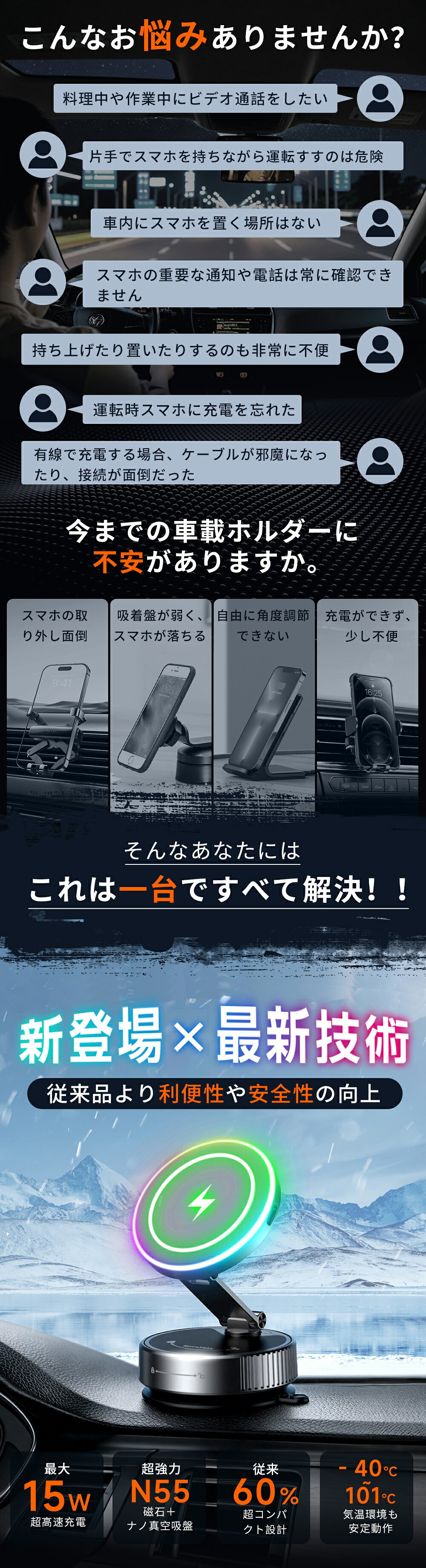 【✨先着クーポン⇒最安2560円】スマホホルダー 車 ワイヤレス充電 【N55超強力磁石×ナノ真空吸盤】 車載充電器 15W 急速充電 携帯ホルダー 折りたたみ 車載ホルダー スマホスタンド Mag-safe対応 落下防止 360°回転 多角度 マグネット 水洗い 全機種 簡単取付 - Image 3