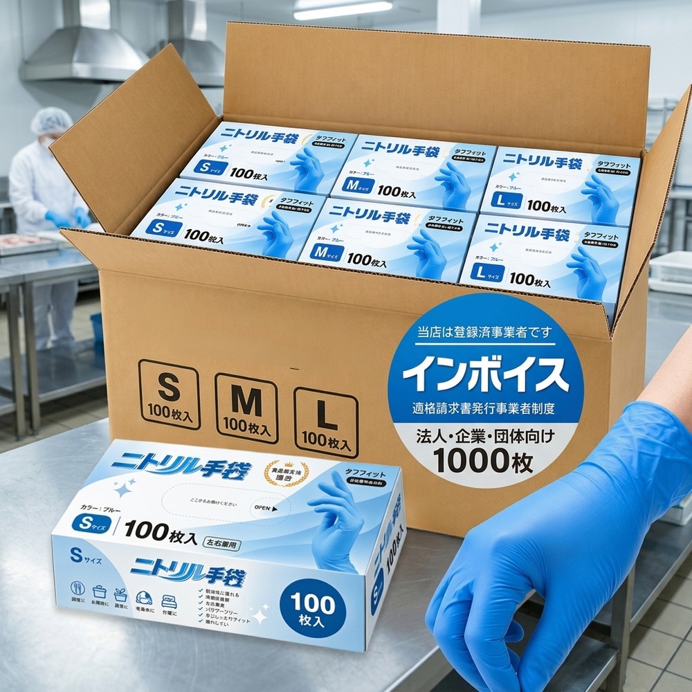 メーカー希望小売価格はメーカーサイトに基づいて掲載しています ◆商品仕様一覧 項目 タイプA（日本食品衛生法適合） タイプB（検査検診用 医療機器認証済み） 商品名 ニトリル手袋 使い捨て パウダーフリー（100枚入り単品 / 箱セット） タイプ展開 100枚入り単品（S / M / L） 検査検診用 箱セット（S / M / L） 用途 調理・介護・清掃・園芸・軽作業・製菓製パン・惣菜製造・美容など 検査・検診用 手袋（一般医療機器） 認証・適合 日本食品衛生法適合 米国FDA / 欧州CE / ISO9001 / ISO13485 / ENISO13485 / CMDCAS ISO13485 / QSR820 / YY/T0287 / JIST9116 / CQC / ドイツ（TUV）一般医療機器 販売届出済（番号：27B2X00346000001）日本食品衛生法適合（昭和34年 厚生省告示第370号） 材質 ニトリル（NBR）※ラテックスフリー 純ニトリル（Nitrile）※ラテックスフリー 特徴 パウダーフリー / ラテックスフリー / 左右兼用 / 極薄・強度抜群 / 指先すべり止め加工 / タッチパネル対応 / 耐油・耐突刺・耐静電 パウダーフリー 内側に粉がなく手荒れを防止。ラテックスアレルギーの方にも配慮した素材です。 左右兼用 左右を選ばないため経済的で着脱も簡単。 極薄・強度抜群 素手感覚でフィットしながら、水・油・摩耗・突刺に強い。 すべり止め加工 指先すべり止め加工で、細かい作業でもしっかりグリップ。 タッチパネル対応 手袋を装着したままスマホ・タブレットをスムーズに操作可能。 カラー ブルー ブルー 長さ 全長約22～23cm以上 約24cm ±1cm サイズ（手のひら幅） S：約8.5cmM：約9.5cmL：約11cm S：約8.5cm ±0.5cmM：約9.5cm ±0.5cmL：約10.5cm ±0.5cm 入数 100枚入り（1箱） 100枚入り（1箱） 生産国 中国 中国 パッケージ 個別箱（衛生的な手首取り出しタイプ） 個別箱（衛生的な手首取り出しタイプ） 使用上の注意 ● 体質によっては、かゆみ・かぶれ・発疹等を起こすことがあります。異常を感じたら使用を中止し、医師に相談してください。 ● 爪先・刃物や尖ったもの等で傷をつけないようご注意ください。 ● 左右兼用です。手のサイズにあった手袋をお選びください。 ● 熱いものには触れないでください。 ● 感電のおそれがありますので、電気作業には使用しないでください。 ● 高濃度の薬品や溶剤（ガソリン、ベンジン等）には長時間使用しないでください。 ● 高温になる場所には放置しないでください。保管する時には直射日光を避けてください。 ● 本製品をお子様が口に入れたり、かぶって遊んだりしないようご注意ください。 ● 本品は使い切りのため、再使用しないでください。 関連キーワード（商品名ではありません）： RAMEDICO 一般医療機器 食品衛生法適合 KA300 ニトリル ニトリル製 検査検診用グローブ ニトリル手袋 パウダーフリー 粉なし 手袋 医療用 ニトリル ゴム手袋 パウダーフリー ラテックスフリー ハンドケア 使い捨て 100枚 1000枚 2000枚 3000枚 4000枚 料理 調理 介護 清掃 園芸 製菓 製パン 惣菜 美容 クリーニング 食器洗い キッチン 薄手 丈夫 使い捨て手袋 グローブ 青 ブルー 手荒れ対策 食品衛生法 ニトリルゴム手袋 S M L Sサイズ Mサイズ Lサイズ 100枚入り 使い捨て グローブ 送料無料 ニトリルグローブ 小さめ 女性用 男性用 レディース メンズ スマホ タッチパネル対応 業務用 粉なし 左右兼用 ラテックス不使用 作業用 食品加工 飲食業 ウイルス対策 衛生用 検査用 検診用 病院用 歯科 医療機関 滑り止め加工付 プラスチック手袋 PVC手袋 介護用 おむつとりかえ キッチン 飲食店 保育園 幼稚園 デイサービス 旅館 食肉加工 水産 台所 調理 厨房 介助 施設 老人ホーム 福祉 精密機械 精密機器 農業 清掃 掃除 園芸 ディスポ 手袋 美容 理容 スマホ対応 肌に優しい 感染対策 予防 調理用 学校 介護施設 接客 伸縮性 破れにくい レジ 検品用 法人 インボイス対応 適格請求書発行 企業 団体 手の衛生 快適作業 手軽防護 左右両用 簡単 経済的 掃除手袋 家庭用 業務用 箱セット まとめ買い