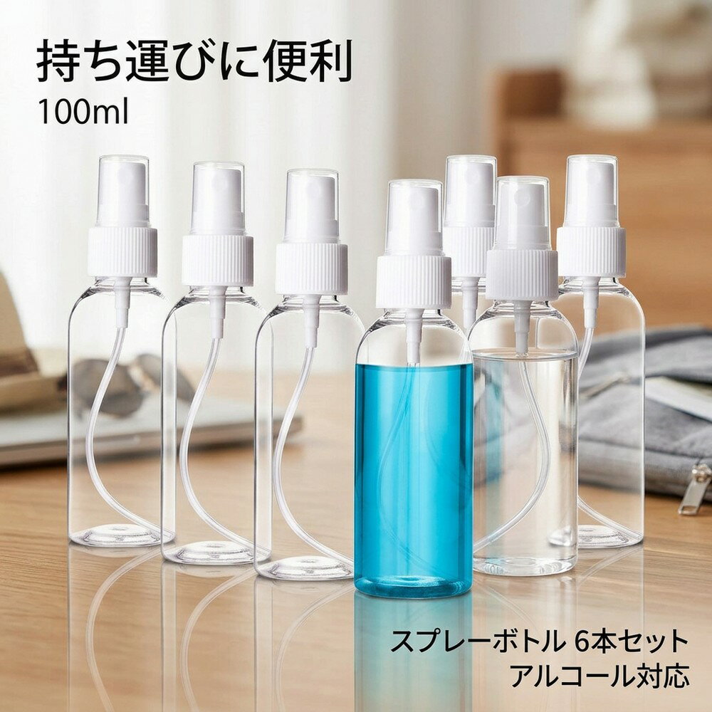 メーカー希望小売価格はメーカーサイトに基づいて掲載しています スプレーボトル 100ml 6本セット 商品特長 ■アルコール、消毒の洗剤、洗剤、化粧水 、 を入れることができます ■指で押すだけ細かいミスト状の噴霧可能です。 ■コンパクトで持ち運び便利！ 主な成分 PET（本体部）、PP（スプレイ部分） パッケージ内容 本体×6 本体サイズ 約）4cm*14cm 容量 100ML/本