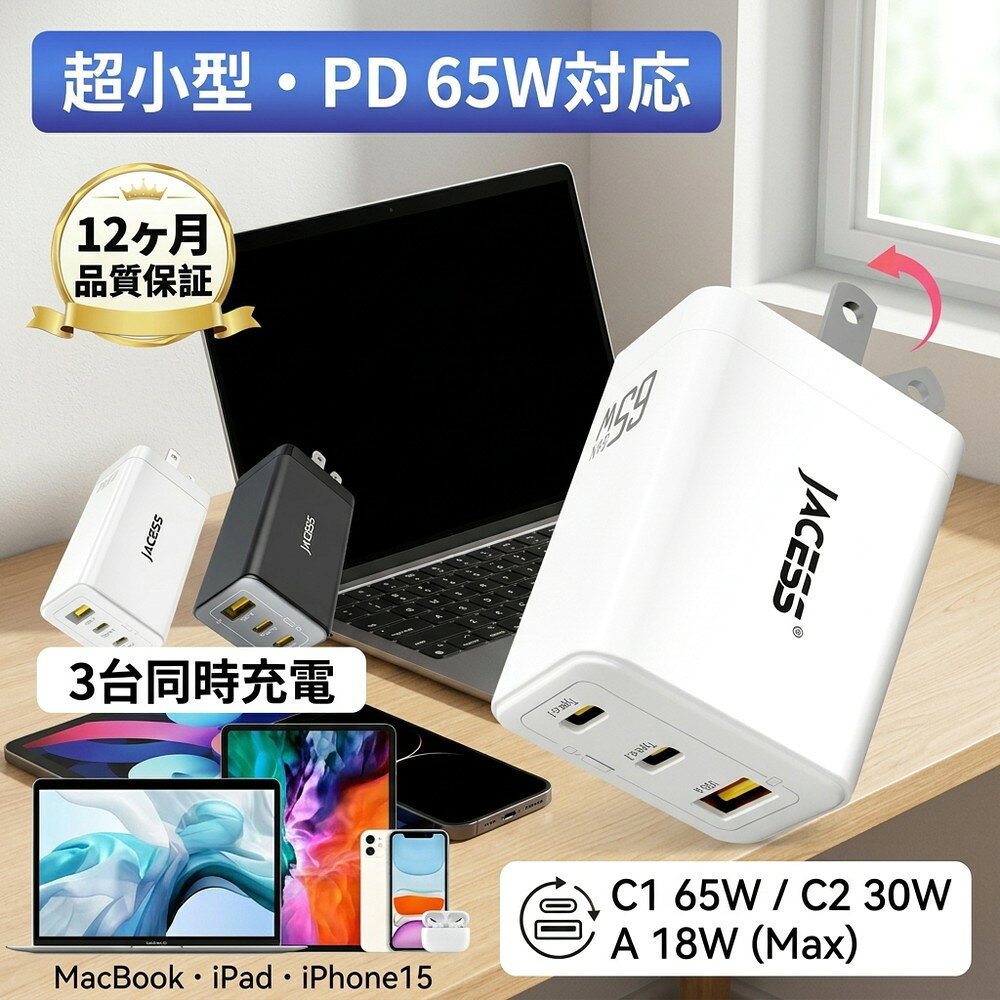 Type-C PD充電器 65W GaN 3ポート USB-C USB-A 急速充電 ACアダプター iPhone Android iPad ノートPC 対応 折りたたみプラグ PSE認証済 同時充電 軽量 コンパクト 海外対応【ネコポス】