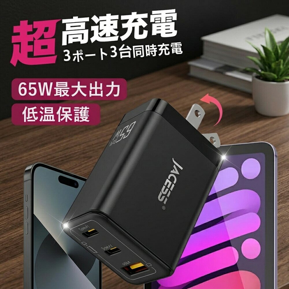 【3台同時充電】 充電器 急速充電器 65W Type-C 