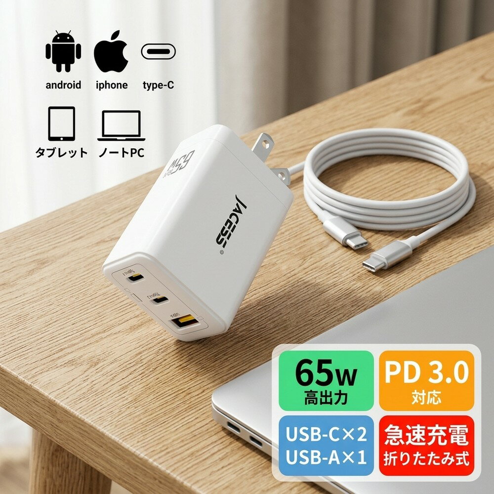 メーカー希望小売価格はメーカーサイトに基づいて掲載しています ●長時間の充電待ちにさようなら！65W 急速充電器 長時間の待ち時間は人をいらいらさせますか？ それなら、当社のtype-c充電器は間違いない選択です！ Jacess pd 充電器は2025年初めに新たにアップグレードされ、どのCポートでも65Wの出力が可能です。MacBook Air 13は約1時間で0～75％充電でき、この65W充電器は従来のusb充電器の7倍の速さです。わずか30分でiPhone15 Plusを0～60%まで急速に充電することができます。充電時間が1時間以上短縮され、1日に2時間以上の時間が節約できます。驚異的な充電速度で瞬時に電池を満充電に！遅い充電にさようなら！ぜひ当社の65W pd急速充電器を体験してください。 ●2025年業界革新 超小型設計・軽量化 当社のタイプc充電器は、最先端の窒化ガリウムGaNIV材料（2025年第4世代の最新技術）と3Dチップスタッキング技術を採用し、3.2 x 3.7 x 7cmの超小型化を実現しています。pd 充電器65Wのサイズをapple 充電器 67Wより60%小さく、50%軽量化、省エネ50%，わずかbluetoothイヤホンに大きさ、近くのコンセント穴にも干渉しません。 折りたたみ式プラグを採用しているため、バッグに入れても他の物に傷をつけません。usb c充電器の外観はシンプルで白く、黄色と白が調和しています。質素な外観ですが、性能は一流です！わずか120gで、ポケットに入れても圧力を感じません。軽装でいつでも出発でき、出張や旅行に最適です。 ●複数のデバイスをお持ちですか？1つで十分です！ pd充電器type-c 1 + type-c 2 + usb-a 3ポートを搭載し、1度に3台の（MacBook Pro Air、ノートPC、タブレット、スマートフォンなど）デバイスを同時に充電できます。コンセントの使用量を効果的に減らし、最少のアダプター数で最高のパフォーマンスを提供します。これにより、配線の絡まりやコンセント不足の問題が解決されます。65W 高速充電器の持ち運びの便利さに加えて、オフィスやデスクも整頓されます！これは、複数のデバイスを持つ家庭向けに生まれた急速充電器であり、ノートパソコンやiPhone＆iPadの充電器としても見逃せない選択肢です！ ●未来への一歩前進、安全で快適なpd充電器 usb c充電器は、内蔵の高品質Apple Piチップとモジュール管理の先進技術の組み合わせにより、毎秒2500万回の高速安全検査を実現し、24時間連続で電流制御を行い、状況に応じて電流を調整し、バッテリーの発熱を抑制し、急速で低温の充電を行います。usb c充電器は完全に無音であり、寝ている間でも安心して使用できます。このtype c充電器は、UL94-V0最高ランクの完全防火航空PC材料を採用しており、さらに、PSE認証を取得しており、国際安全基準IEC62368-1に準拠しています。自動保護機能には、短絡保護、電流制御、過電圧保護、過電流保護、デバイス過熱保護、pd充電器本体過熱保護などの10種類が搭載されており、長時間安心して使用できます。商品の製造はすべてAI制御の機械による自動生産であり、ほぼミスがありません。それゆえ、すべての商品は高いコストパフォーマンスを提供できると言えます！ ●広範な互換性と完璧なアフターサービス usb-c充電器は、Windows PC/MacBookノートパソコン/iPad Pro/iPad mini/iPhone/Androidスマートフォン/タブレット端末/iWatch/Switchゲーム機/Airpods/扇風機などに対応しています。AC 100-240Vの世界中の電圧にも対応しております。海外旅行や出張にも大活躍です。製品には2年間のメーカー保証が付いており、何か問題があればいつでもお問い合わせいただければ、6時間以内に問題を解決いたします。Jacessは、充電器の研究開発と製造に重点を置き、最新の技術を採用し、満足のいく価格と安心のサービスで、世界100か国で品質の充電器を提供しています。お客様の声を大切にし、サービスを継続的に改善していきます。技術的な充電ケーブルを使用する場合は、対応するケーブルと高速充電に対応したデバイスを選択してください。