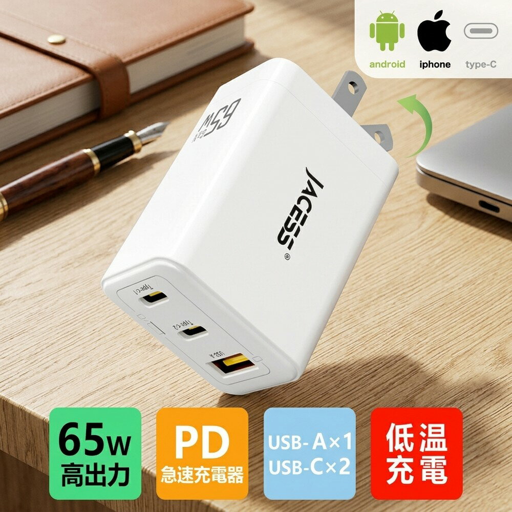 【小型で持ち運び便利】 65W 急速充電器 Type-C PD 3ポート 充電器 スマホ充電器 USB充電器 iPhone Android iPad Mac 複数ポート 同時充電 折り畳みプラグ コンパクト 低温充電 発熱抑制 安全 タイプc