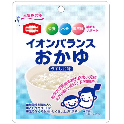 ◆商品説明 亀田製菓が新潟大学医歯学総合病院小児科（新潟市）、木戸病院小児科（新潟市）と共同開発した、栄養・水分・電解質補給をサポートするお腹にやさしいおかゆです。 ◆原材料 米(国内産)、食塩、植物性乳酸菌（殺菌）、増粘多糖類、クエン酸ナトリウム、塩化カリウム、クエン酸 ◆成分 1袋(100g)当たり エネルギー50kcal、たんぱく質0.8g、脂質0.2g、炭水化物11.3g、ナトリウム173mg、食塩相当量0.44g、カリウム79mg