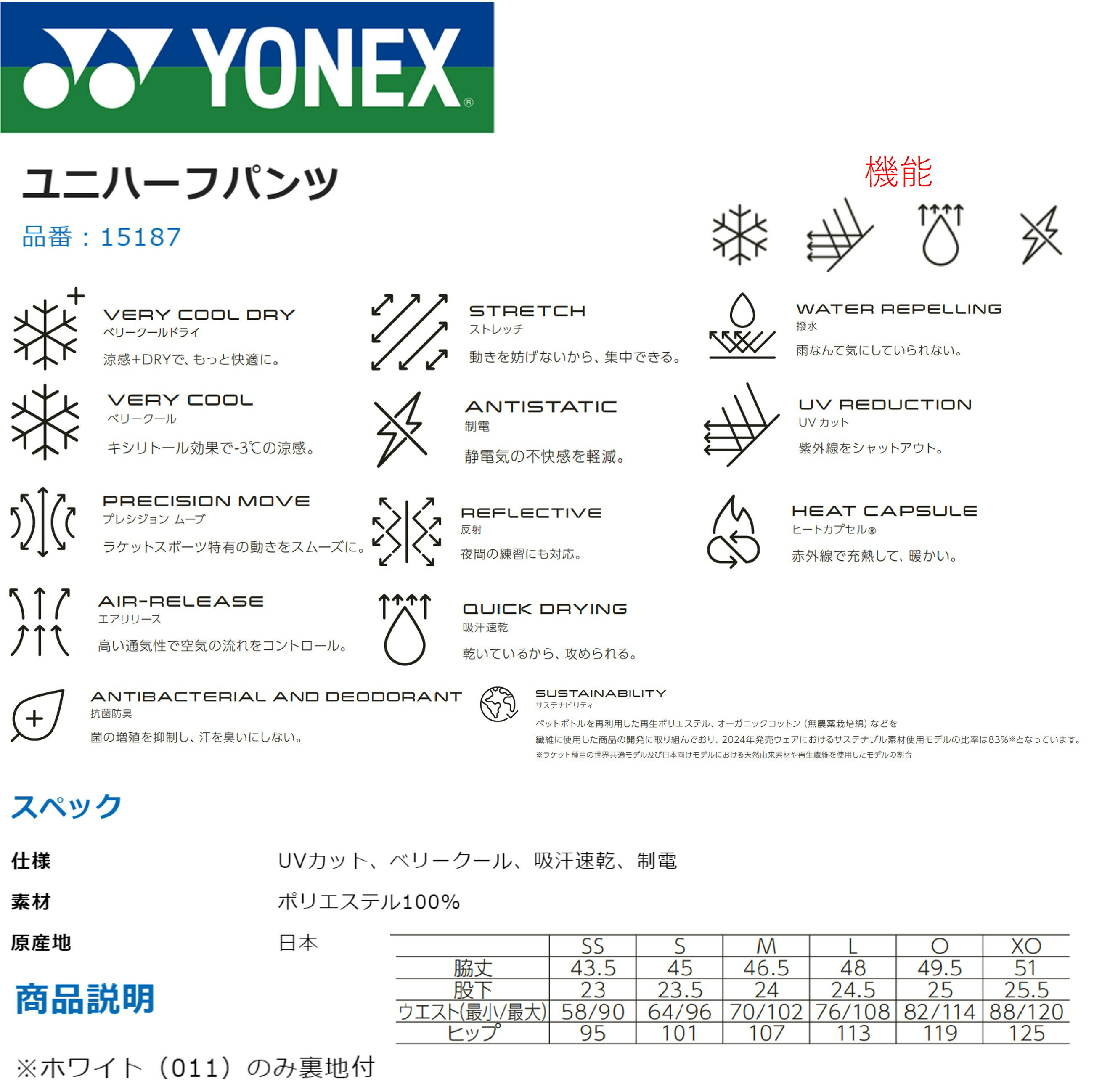 ヨネックス YONEX ウエア　ウェア ユニハーフパンツ 15187 バドミントン・テニス・ソフトテニス 2