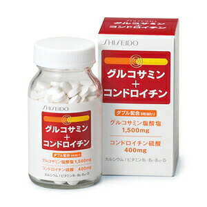 SHISEIDO GLUCOSAMIN + CHONDROITIN　ダブル配合歩く。たつ。座る。毎日のために。グルコサミン塩酸塩1500mg、コンドロイチン硫酸400mgを高配合身体の節々で大切なグルコサミン塩酸塩、コンドロイチン硫酸、カルシウム、ビタミンB1・B6・B12・Dをバランスよく配合した健康食品。＜こんな方に＞○身体の節々が気になるかた○いつまでもイキイキと快適な生活を目指すかた種類：サプリメント・健康食品タイプ：タブレット＜使用方法＞1日9粒を目安に、数回に分けて水などと一緒にかまずにお召し上がりください。＜使用上の注意＞開栓後はフタをしっかり締め、直射日光、高温多湿のところを避けて保存してください。乾燥剤が入っていますので、誤って召し上がらないようご注意ください。体質・体調により、まれに合わない場合がありますので、その場合はご利用をお控えください。疾病などで治療中のかたや妊娠中のかたがご利用になる場合は、事前に医師や薬剤師にご相談ください。食生活は、主食、主菜、副菜を基本に、食事のバランスを。＜栄養成分＞ 9粒（2.88g）当たりエネルギー：9.0kcal／たんぱく質：0.80g／脂質：0.020g／炭水化物：1.4g／ナトリウム：10〜35mg（食塩相当量0.025〜0.089g）／カルシウム：200mg／ビタミンB1：5mg／ビタミンB6：5mg／ビタミンB12：10μg／ビタミンD：5μg＜主な配合成分＞ 9粒（2.88g）当たりグルコサミン塩酸塩：1,500mg／コンドロイチン硫酸：400mg＜原材料名＞グルコサミン塩酸塩、豚軟骨抽出物（コンドロイチン硫酸含有）、卵殻カルシウム、結晶セルロース、ヒドロキシプロピルセルロース、ステアリン酸カルシウム、ビタミンB12、ビタミンB1、ビタミンB6、ビタミンD販売名資生堂 グルコサミン＋コンドロイチン内容量270粒生産国日本区分健康食品発売元株式会社 資生堂広告文責昭和薬品株式会社連絡先電話番号 070-9253-8130※モニターの設定や部屋の照明等により実際の商品と色味が異なる場合がございます。※パッケージデザイン等は予告なく変更されることがあります。JANコード 4901872319244
