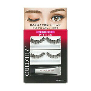 SHISEIDO EYE LASHES V4　つけていることを感じさせない、一体感のあるつけまつ毛どんな目のカーブにも柔軟にフィットするつけまつ毛。時間が経っても目頭から浮きにくく、美しい仕上がりが持続します。N2 適度な束感で、くっきり華やかなナチュラルまつ毛に。N3 毛量感をアップさせ、上品で自然なナチュラルまつ毛に。V3 中央にアクセントのある形状で、黒目が際立つボリュームまつ毛に。V4 目尻にアクセントのある形状で、目の大きさが際立つボリュームまつ毛に。種類：つけまつげ＜バリエーション＞自然な仕上がりをお好みの方インパクトがある仕上がりをお好みの方N2 適度な束感（ブラック）N3 毛量感アップ（ダークブラウン）V3 中央アクセント（ソフトブラック）V4 目尻アクセント（ソフトブラック）＜使用方法＞●アイメークの一番最後（マスカラをつけた後）に使います。1）台糸（根もとの糸）の端をもって静かにケースの台座からとりはずします。2）付属の資生堂つけまつ毛用接着剤Fを台糸（根もとの糸）にうすく均一につけます。3）伏し目にし、まつ毛の生えぎわのアイラインの位置に沿ってまぶたに軽く押しつけるようにしてつけます。（中央→目頭→目尻の順番につけるとキレイに仕上がります。）●アイラッシェズをつけた後、状態によりもう一度アイラインを修正します。アイラッシェズと自まつ毛が離れてしまう場合は、アイラッシュカーラーで自まつ毛と一緒に軽くカールをします。4）アイラッシェズをはずすときは、目尻のほうから静かにとりはずし、台糸（根もとの糸）についている接着剤をとり除き、ケースの台座に戻して保管します。＜お手入れ法＞接着剤が台糸（根もとの糸）にたまった場合は綿棒を水で濡らし、台糸（根もとの糸）部分のみに水を含ませ、接着剤を落としてください。綿棒で強くこすると、まつ毛部分がはずれることがありますのでご注意ください。アイラッシェズが汚れたときは、ぬるま湯に中性洗剤をうすく溶かした中に浸します。接着剤を十分ふやかしてから形をくずさないように眉ブラシや綿棒などでそっと洗い、その後軽く水ですすぎます。ティッシュペーパーで水分をとり、ケースの台座に形をととのえておき、室内で自然乾燥させます。＜使用上の注意＞お肌に合わないときは、ご使用をおやめください。（天然ゴムラテックス配合）資生堂つけまつ毛用接着剤Fは、中味を乾燥させないように容器の口もとをきれいにふきとり、必ずキャップをきちんとしめてください。0℃以下の場所に長時間おいておくと、中味が固まってしまい接着効果がなくなり、使用できなくなります。目に入らないようご注意ください。もし入った場合はすぐに水かぬるま湯で洗い流してください。乳幼児の手の届かないところにおいてください。使い心地や仕上がりが悪くなった場合は、新しい商品をお求めください。＜成分＞ つけまつげ用接着剤ゴムラテックス、水、カゼイン、ステアリン酸、水酸化K、EDTA-3Na、ホウ酸Na、安息香酸Na、メチルパラベン、エチルパラベン、香料※商品の改良や表示方法の変更などにより、実際の成分と一部異なる場合があります。　実際の成分は商品の表示をご覧ください。販売名資生堂 アイラッシェズ V4内容量つけまつ毛 2セット／つけまつ毛用接着剤 F 3.3g生産国つけまつ毛：インドネシア／接着剤：日本発売元資生堂フィティット株式会社※モニターの設定や部屋の照明等により実際の商品と色味が異なる場合がございます。※パッケージデザイン等は予告なく変更されることがあります。JANコード 4901872667444