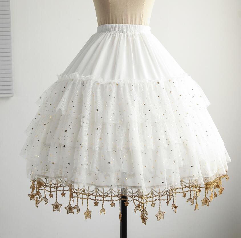 丈65cmパニエ　チュールパニエ　大人用　ロリータ　ゴスロリドレス　メイド服　ふわふわパニエ　チュチュチュスカート　膝丈　ワイヤーあり　ボリューム　星月柄スパンコール　フリンジ　可愛い　コスプレ衣装　ダンス衣装　コスチューム