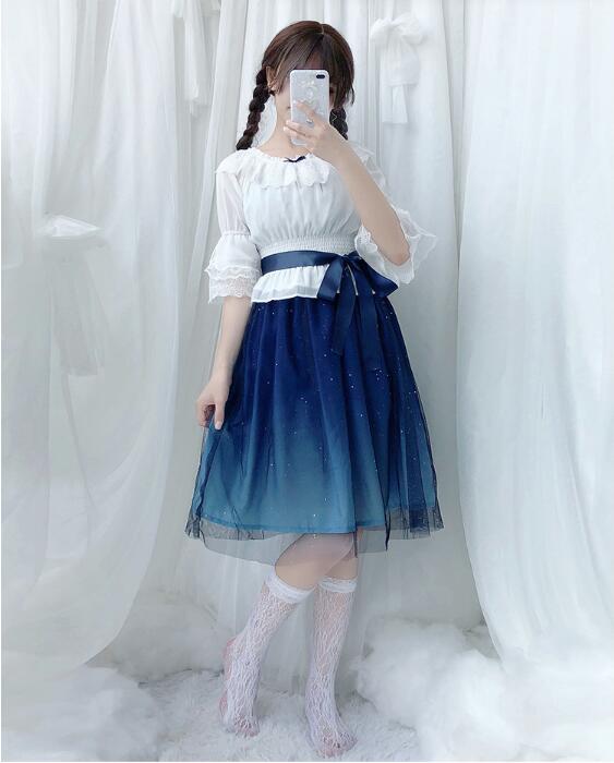 Startlineのワンピース ロリータワンピース ゴスロリ ゴシックドレス レディース 大人 女子 高校生 可愛いロリータ ワンピース 夜空 星空 きらきら ハロウィン衣装 コスプレ衣装 キャミ ネイビー 紺色｜アングル2