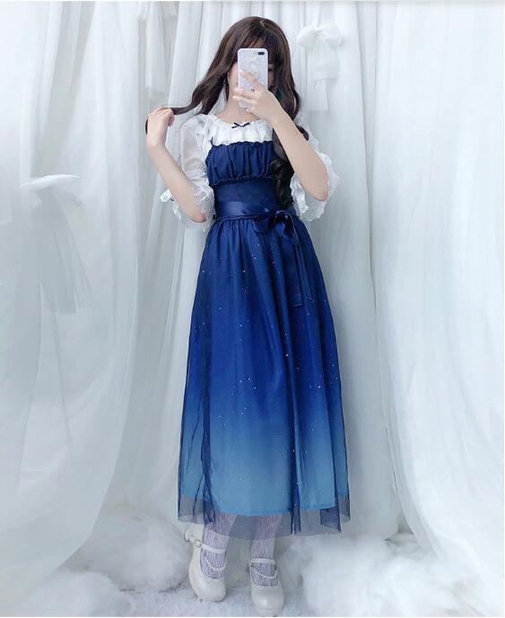 Startlineのワンピース ロリータワンピース ゴスロリ ゴシックドレス レディース 大人 女子 高校生 可愛いロリータ ワンピース 夜空 星空 きらきら ハロウィン衣装 コスプレ衣装 キャミ ネイビー 紺色｜アングル3