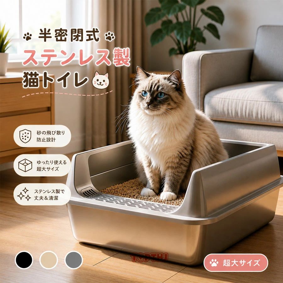 Rakuten - 猫トイレ ステンレス 砂飛び散り防止 猫 散らからない ネコトイレ トイレ 大きいサイズ 大型 ねこトイレ トイレ本体 多頭飼い対応 猫砂 猫用 ペット用 防臭 大きめ おしゃれ 清潔簡単 傷つかない 丈夫 耐久性 ステンレス製 猫トイレ ワイド コンパクト 飛び散らない