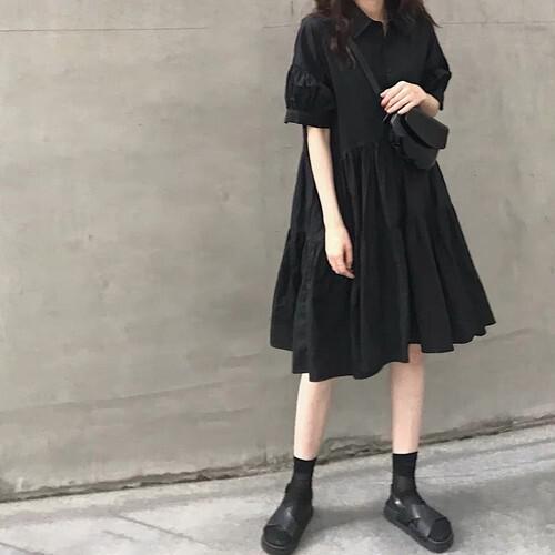 樂天商城 - ワンピース シャツワンピース 半袖 ティアード 襟付き Aライン 膝丈 パフスリーブ フレアスカート 大人可愛い コーデ 20代 30代 40代 ガーリー 大きいサイズ ハイウエスト ブラック 黒 ドレス 春 夏 秋 レディース 五分袖 プリーツ かわいい おしゃれ aライン ひざ丈 袖あり