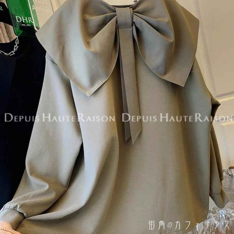 樂天商城 - レディース ス ブラウス ゆったり ふんわり袖 体型カバー こなれ感 大人可愛い リボン キュート ガーリー シンプル カジュアル 長袖 カーキ ブラック 黒 20代 30代 40代 通勤 通学 オフィス お出掛け 女子会 お呼ばれ 秋冬