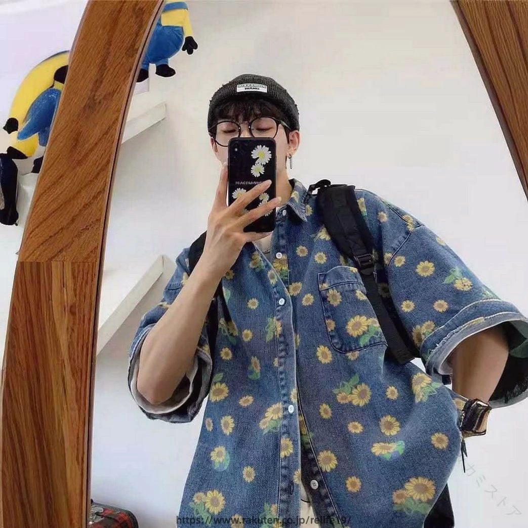 デニムシャツ 半袖 メンズ カジュアル ひまわり柄 プリント シャツ ゆったり 夏服 ヴィンテージ風 アメカジ レトロ ユニセックス トップス ビッグシルエット ワークシャツ お洒落 個性