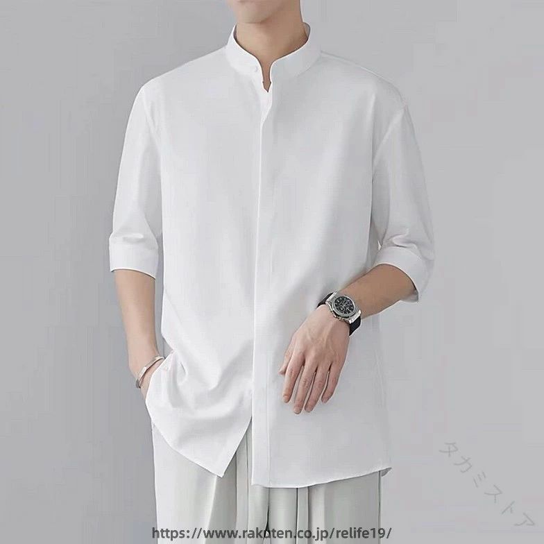 樂天商城 - 七分袖 シャツ メンズ スタンドカラー 接触冷感 夏服 涼しい ストレッチ 形態安定 無地 カジュアルシャツ ビジネス 清潔感 おしゃれ 春夏 半袖 長袖 長そで クール ビジネスカジュアル