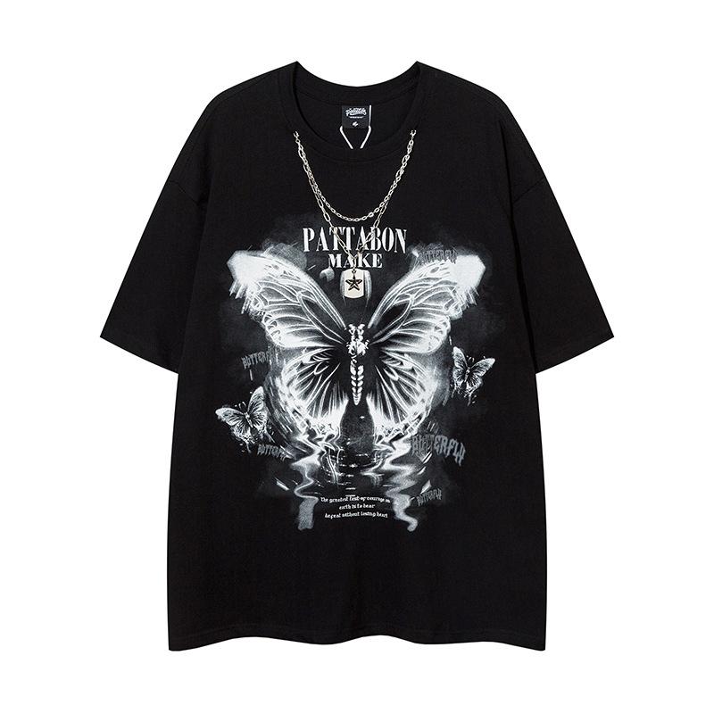 Tシャツ メンズ レディース 半袖 オーバーサイズ バタフライ プリント ネックレス 飾り コットン 通気性 ルーズフィット 夏 カジュアル