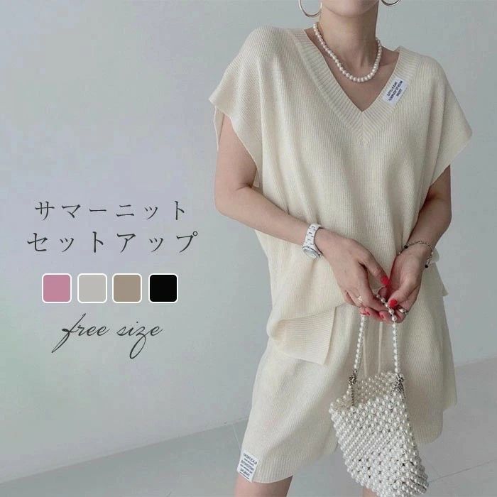 乐天商城 - セットアップ レディース Vネック Tシャツ パンツ サマーニット 半袖 Tシャツ ショートパンツ カジュアル 短パン ルームウェア 楽ちん 可愛い ゆったり シンプル トレンド感 ゆるっと スポーツ風 韓国風 2点セット