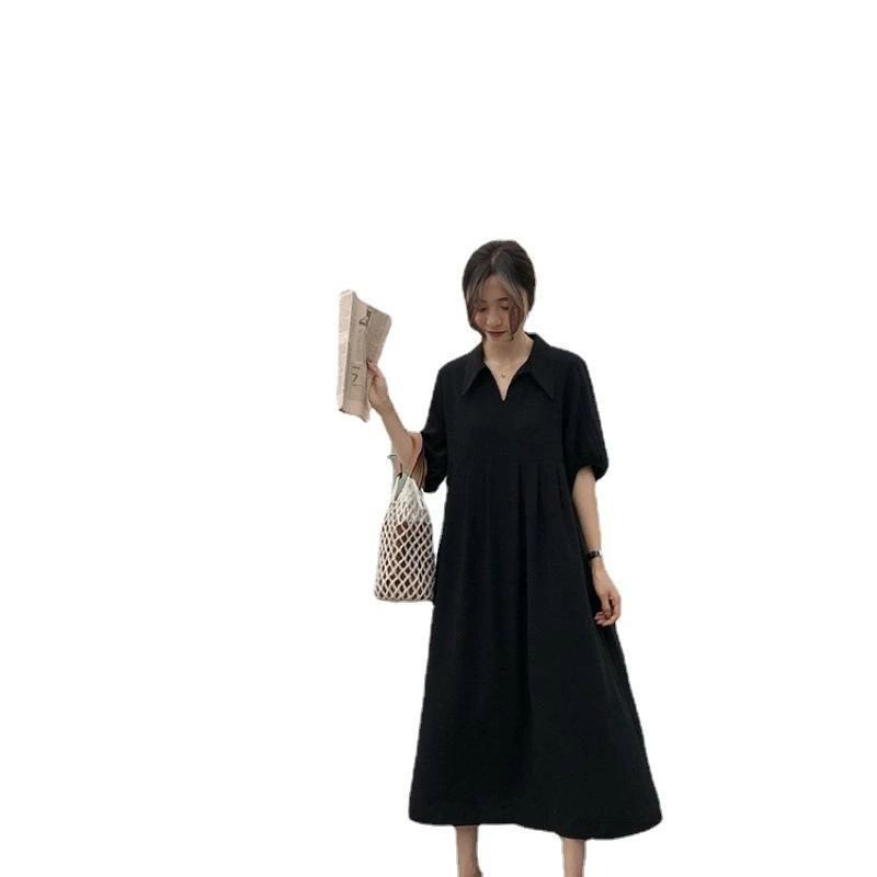 樂天商城 - ワンピース レディース A字ワンピース 半袖 ロングワンピース マキシ丈 襟付き Vシャツネック ブラック 黒 ぽっちゃりさん向け ゆったり 大きいサイズ 体型カバー 着痩せ 細見え 綺麗め カジュアル 上品 エレガント リゾート プルオーバー 綿麻 コ