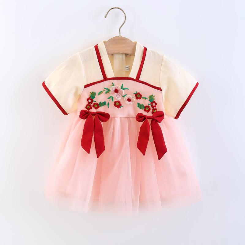 Rakuten - ワンピース 女の子 キッズ 子供 チャイナドレス 漢服 風 襦裙 半袖 A字 ドレス Aライン コットン 混紡 刺繍 花柄 リボン かわいい 中華風 民族衣装 フォーマル カジュアル 旅行 発表会 記念撮影 お出かけ 春夏 ベージュ ピンク