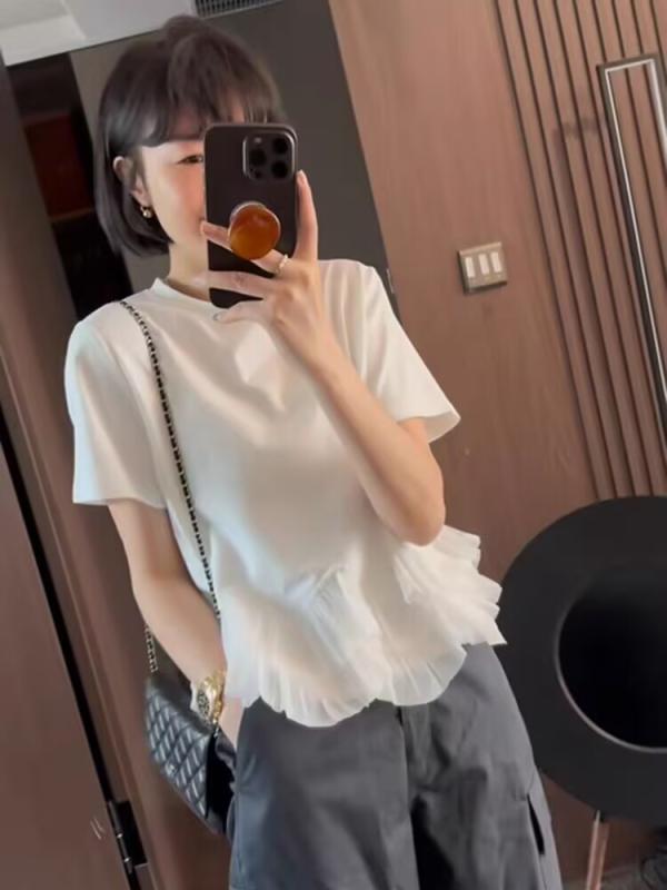 樂天商城 - Tシャツ レディース 半袖 ス カットソー 切り替え チュール メッシュ プルオーバー クルーネック 丸首 伸縮性 ぽっちゃり 体型カバー ゆったり 大きいサイズ カジュアル フェミニン 通勤 通学 普段使い お出かけ ホワイト ブラック 春夏