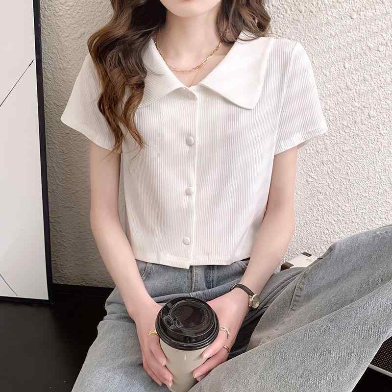 樂天商城 - Tシャツ レディース 半袖 ス 襟付き 娃娃襟 カーディガン カットソー ショート丈 薄手 ポリエステル 通気性 軽量 涼しい 快適 ボタン カジュアル デイリー 普段使い 通学 お出かけ 通勤 春夏 サマー ブルー 青