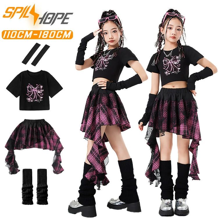 樂天商城 - チェック柄 ブラック ピンク 総柄 キッズ ダンス衣装 セットアップ 女の子 jazz ジャズ ショート スカート チェックスカート レース かわいい かっこいい ヒップホップ 韓国 k-pop チア チアガール おしゃれ 夏 舞台服 演出服 練習着 団体服 発表会 派手 ダンス 夏新作