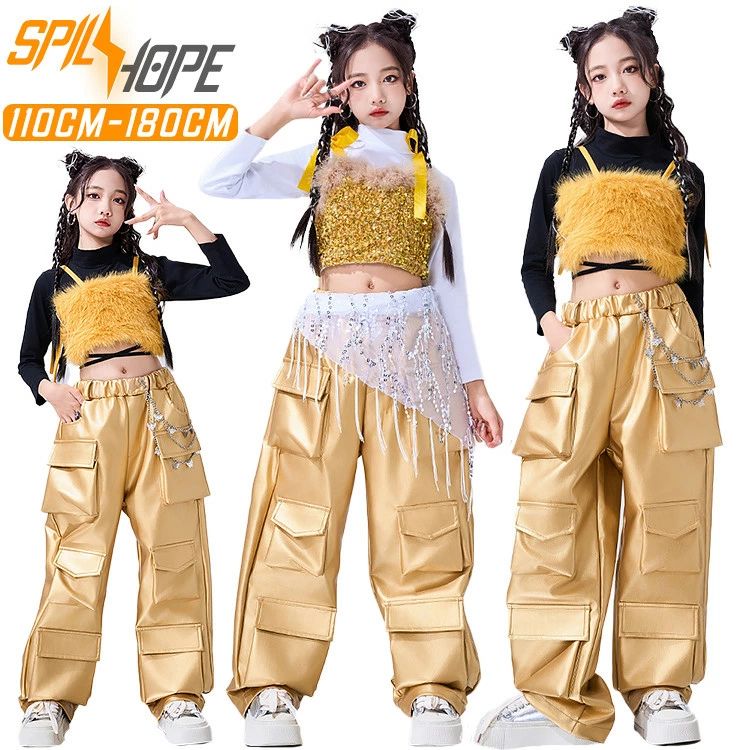 乐天商城 - ゴールド ス カーゴパンツ 白 黒 Tシャツ キッズ ダンス衣装 セットアップ 上下セット おしゃれ 女の子 韓国 jazz かわいい かっこいい へそ出し キャミソール ダンスウエア ヒップホップ ジャズダンス k-pop 舞台服 演出服 練習着 団体服 発表会 個性派 派手 春 夏 秋