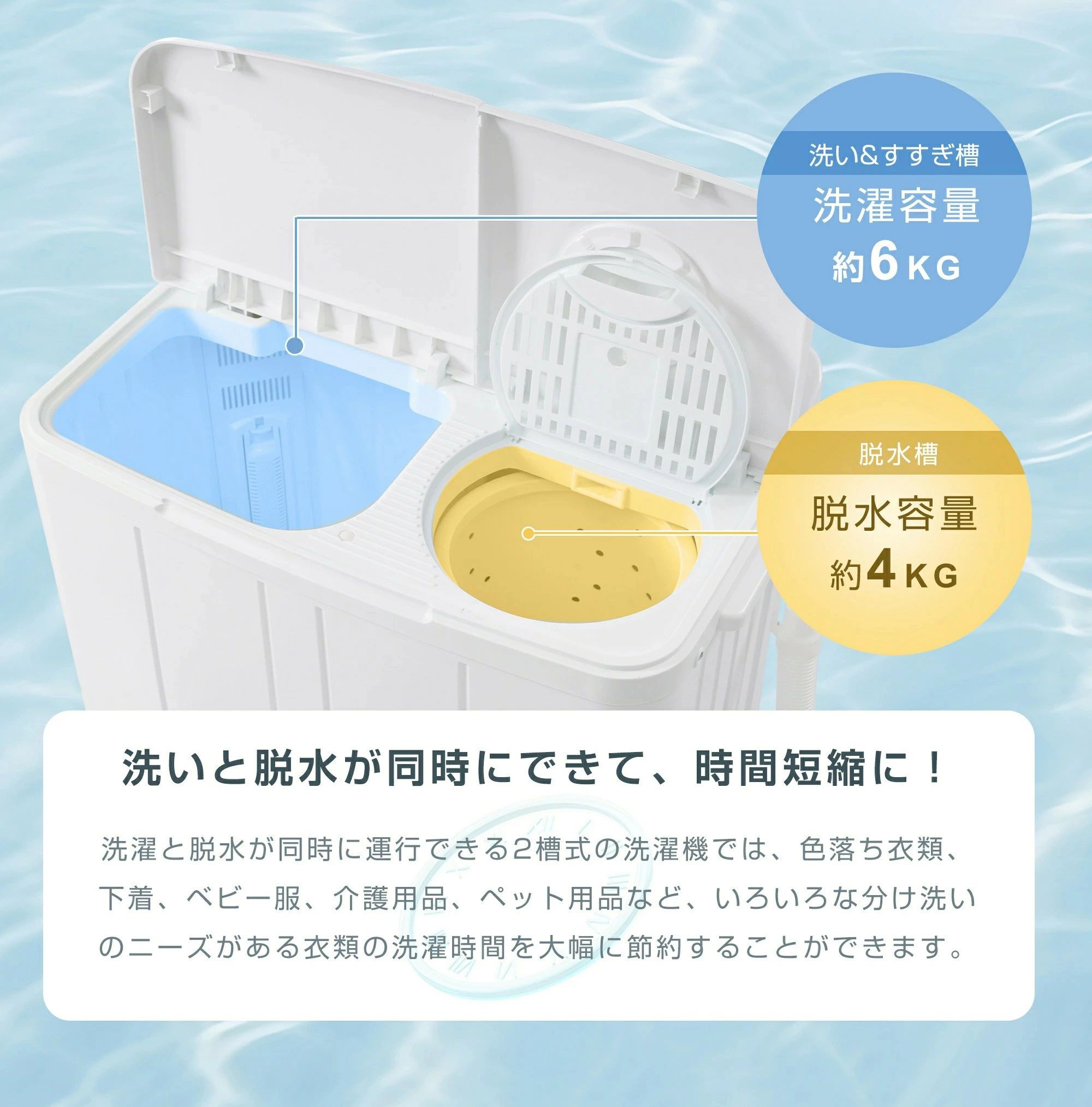 Startlineの二槽式洗濯機 洗濯容量6kg 脱水容量4kg キレイ タイマー コンパクト 一人暮らし 節電 タイマー 2槽式洗濯機 ステンレス槽 まとめ洗い 脱水 縦型洗濯機 ホワイト 部屋干し 洗濯物きれい 引越し 単身 家電 新生活｜アングル3