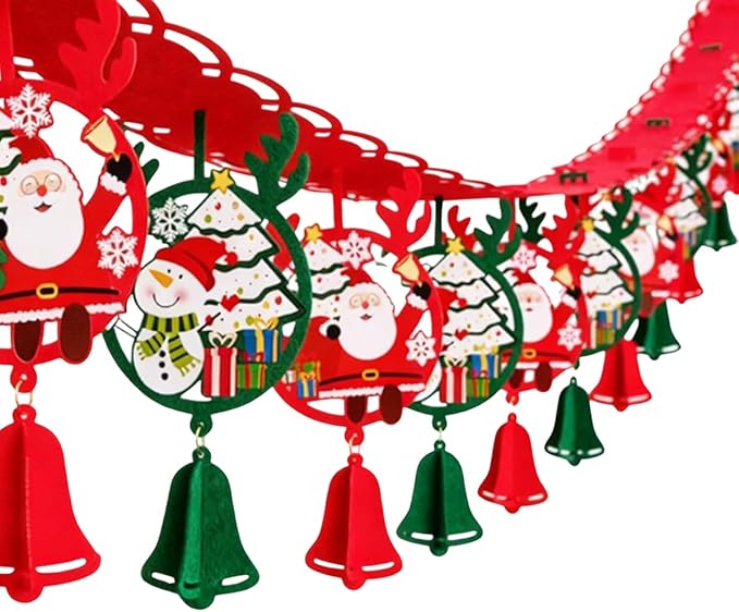 Startlineのクリスマス ガーランド 天井 吊り下げ 飾り フェルト製 クリスマス デコレーション プルフラグ お正月 壁飾り パーティー 文化祭 店舗 自宅 幼稚園用リボンは長さ3メートルで、雪だるま6体とサンタクロース6体が描かれています｜アングル2