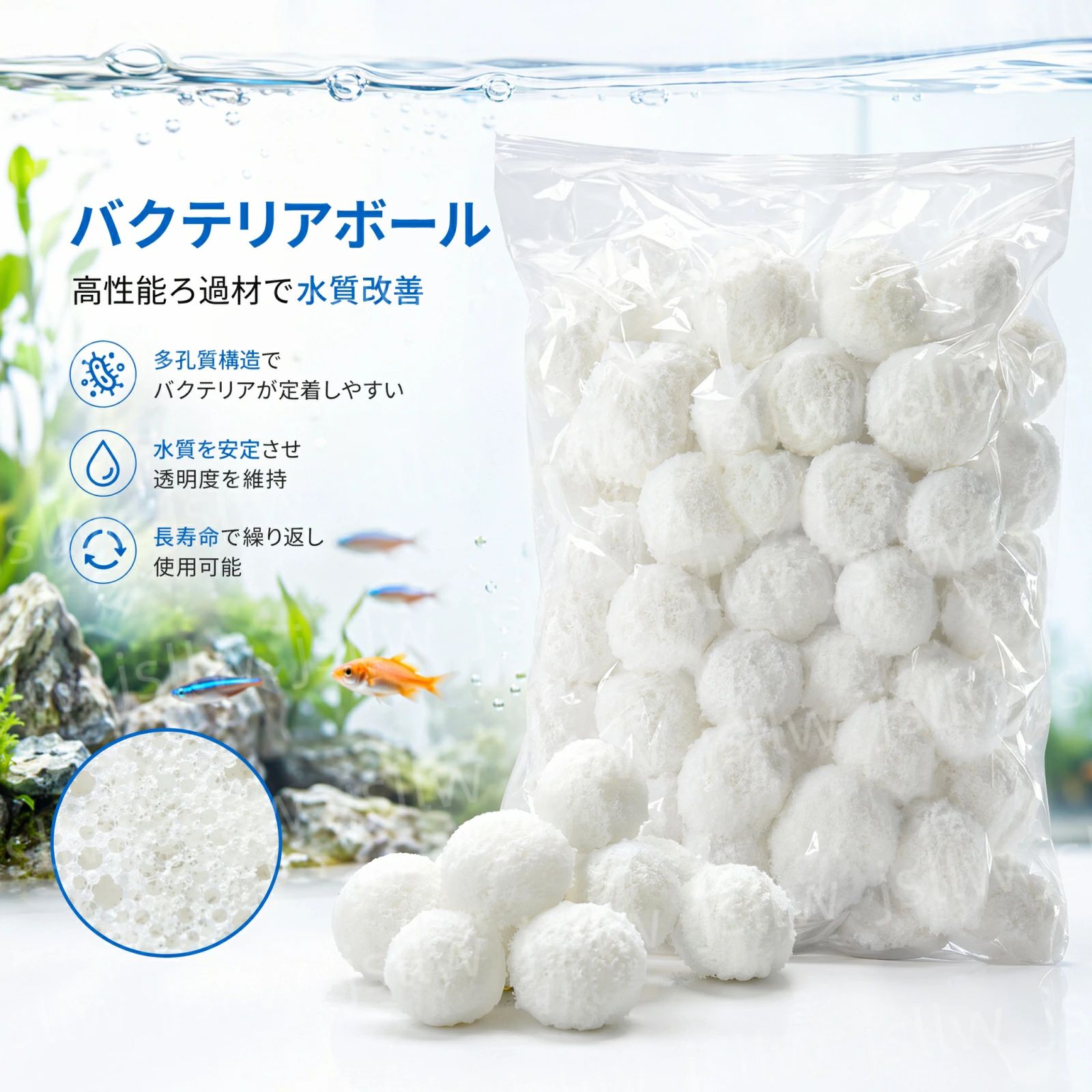 商品説明 魚たちに快適な水環境を 多孔質構造のバイオボールがバクテリアの定着をサポート。水槽内の環境維持やろ過能力の向上に役立ちます。水換えの負担を軽減しながら、安定した水質管理をサポートする便利なろ過材です。 高いろ過性能のろ材タイプ 水中の汚れや不要物をキャッチし、フィルターろ過材として活躍。透明感のあるきれいな水づくりをサポートします。 油汚れや細かな汚れのろ過にも 水中の汚れを効率よくろ過し、魚が快適に過ごせる環境づくりをサポートします。 淡水・海水どちらにも対応 メダカ、金魚、熱帯魚、エビなどの飼育環境に幅広く使用可能。アクアリウム初心者にもおすすめです。 大容量タイプでたっぷり使える 徳用サイズで複数の水槽にも対応。水槽サイズやろ過システムに合わせて量を調整できます。 1Lの水あたり約70g使用。用途に合わせて500g・700g・800g・900gから選択可能 ブルーボール型で扱いやすい 丸型デザインで設置しやすく、フィルター内にも入れやすい仕様。メンテナンス時の取り扱いも簡単です。 真空パック包装で衛生的 コンパクトな真空包装で保管しやすく、使用前まで清潔な状態をキープできます。 幅広い用途に対応 水槽フィルター、アクアリウム、プールろ過、ろ過装置など、さまざまなろ過シーンで活躍します。 特別サービス 大量購入を承っております。詳細については店舗までお問い合わせください。 ◇ 配送方法について ◇ ※ 発送後のキャンセル・送付先の変更はできません。 ※ 届かない場合や、転居による紛失に関しての補償は一切ありません。 ご注文前に、送付先に誤りがないか、部屋番号抜け等がないかを必ずご確認ください。 ※ 長期不在・表札がない・表札や郵便受けに書かれたお名前がご注文者のお名前と異なる場合、 お届けができず自動的に返送となる場合がございます。 返送された場合、返送・再配達にかかる送料はお客様負担となります。ご了承ください。 ※ご注文の商品が「不具合がある」など当社原因による場合には、 商品到着後「30日以内」に電話・問い合わせ・メールにて ご連絡いただいた商品は交換または返品を受け付けさせていただきます。 ◇ 注意事項 ◇ ※ ご利用のモニターによって、実物とすこし異なる色に表示される場合がございます。 ※ 全商品、沖縄は別途 送料が掛かります。 関連キーワード（本商品の説明ではありません) バクテリアボール バイオボール ホワイトボール ろ材 ろ過材 水槽用ろ材 アクアリウム用品 フィルターボール プールろ過ボール ろ過フィルター 水質改善 水質浄化 バクテリア繁殖 ろ過バクテリア 生物ろ過 微生物ろ過 水槽浄化 水換え対策 油汚れろ過 汚れ除去 大容量 徳用 真空パック 淡水用 海水用 メダカ飼育 熱帯魚飼育 金魚飼育 エビ飼育 観賞魚 水槽管理 アクアリウムメンテナンス フィルターろ材 水槽アクセサリー プールフィルター用品 水質安定 長持ち 軽量 交換用ろ材 500g 700g 800g 900g ペット用品 人気アイテム