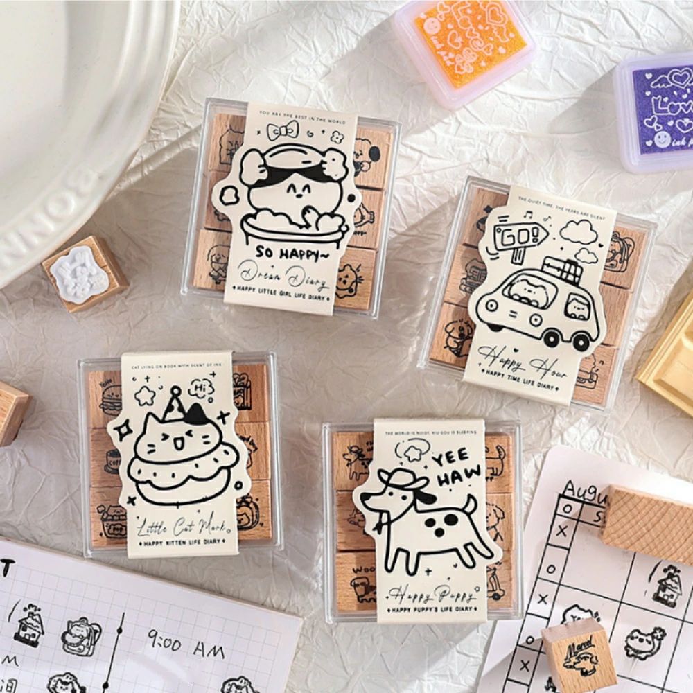 木製スタンプ 手帳 スタンプセット ミニ 小型 かわいい 犬 猫 猫の一日 デザイン ゴム印 スタンプ台20色付き DIY 手帳用スタンプ 日記帳 飾り 文房具 ハンコ メッセージカード 年賀状 クリスマス 学校 幼稚園 知育玩具 お祝い