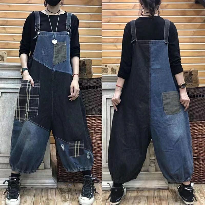 オーバーオール サルエル オールインワン サルエルパンツ アラジンパンツ デニムパンツ デニムサロペット ロング サロペット レディース秋物 パッチワーク 切り替え 切替 ゆったり 楽ちん おしゃれ オシャレ お洒落 かわいい 体型カバー 個性的 個性派 M L XL 2XL LPDA133