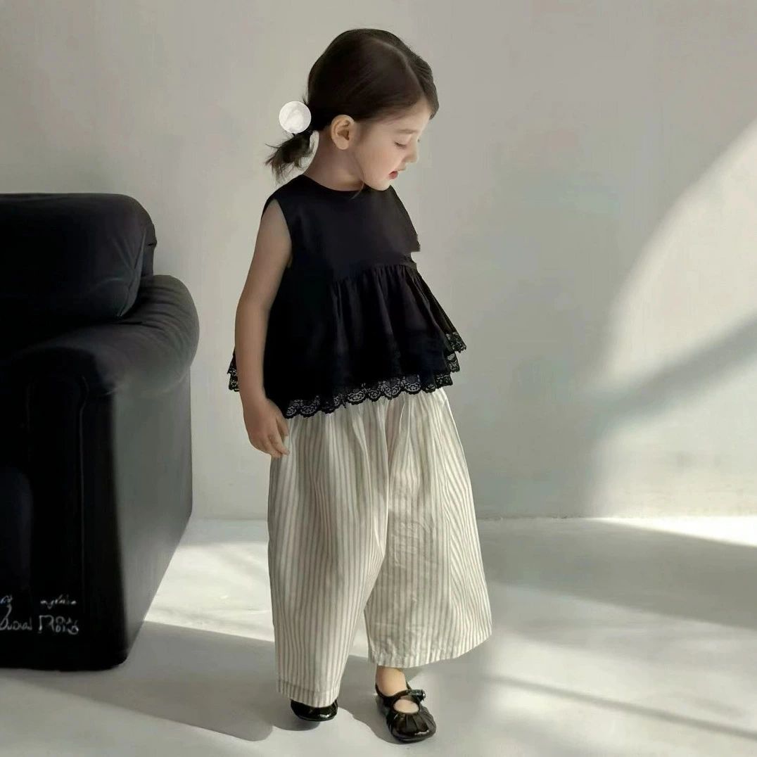 Rakuten - セットアップ キッズ 韓国子供服 女の子 春 夏 ベビー服 上下セット レース シャツ ガウチョパンツ ストライプ 子供服 トップス ボトムス ロングパンツ ジュニア 赤ちゃん おしゃれ 可愛い 入学 入園 幼稚園 小学生 お出かけ 90 100 110 120 130 誕生日