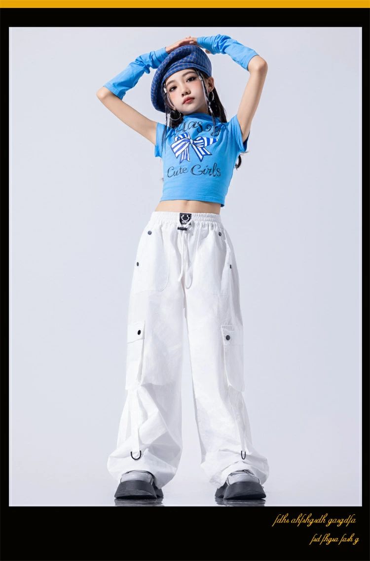 Startlineのキッズ 女の子 ダンス衣装 ブルー系 へそ出し タンク 子供服 ヒップホップ ズボン デニムパンツ グラデーション カーゴパンツ アイドル 腕カバー k-pop 韓国 Y2K 原宿系 おしゃれ レッスン ダンスウェア hiphop 発表会 110-180｜アングル3