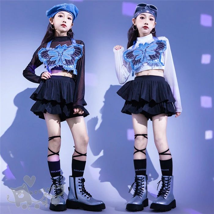 ダンス衣装 ヒップホップ 蝶々チョッキ 長袖 トップス スカート 黒スカート へそ出し キッズ ガールズ 女の子 セットアップ 派手 K-POP 韓国 ステージ衣装 応援団 練習着 体操服 発表会 hiphop 演出服 おしゃれ 110-180cm 送料無料