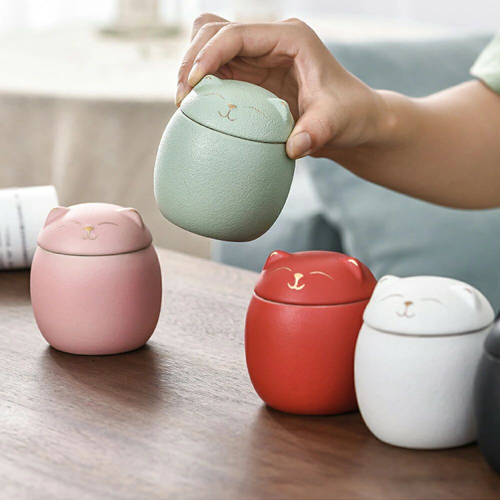 笑顔の猫 茶筒 茶入 ねこ かわいい キャニスター 陶磁器 珈琲キャニスター コーヒ...