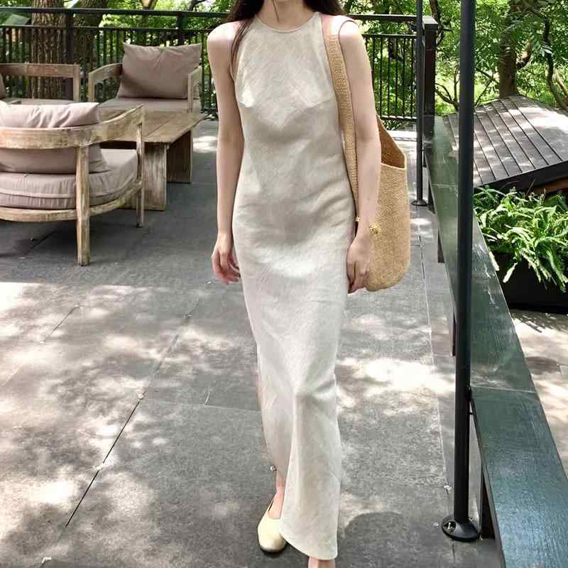乐天商城 - ワンピース レディース 春夏 麻 リネン ノースリーブ ミモレ丈 セミタイト ラウンドネック 無地 涼しい 通気性 ナチュラル 上品 きれいめ オフィス 通勤 カジュアル 亜麻色