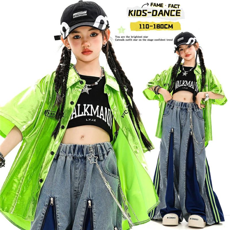 乐天商城 - キッズ ダンス衣装 ヒップホップ HIPHOP 女の子 蛍光色 ダンス衣装 ストリート系 グリーン 半袖 シャツ へそ出し デニムパンツ セットアップ ガールズ Y2K ステージ衣装 発表会 舞台 団体衣装 練習着 団体注文 ダンス服