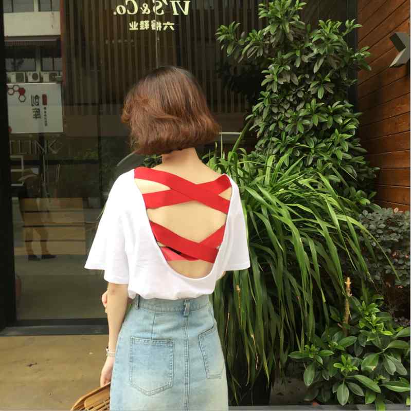 乐天商城 - Tシャツ レディース 半袖 ゆったり 後ろクロス セクシー 背中開き ショート丈 リボン 美背 ス
